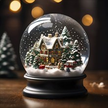 Snow globe with a tiny festive village inside, capturing the swirling snow and the light