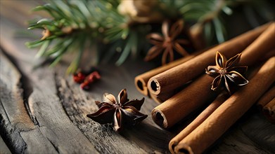 Christmas spices like cinnamon sticks, star anise, and cloves arranged on a wooden table, with soft