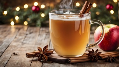 Steaming apple cider in a glass mug, garnished with a cinnamon stick and star anise, surrounded by