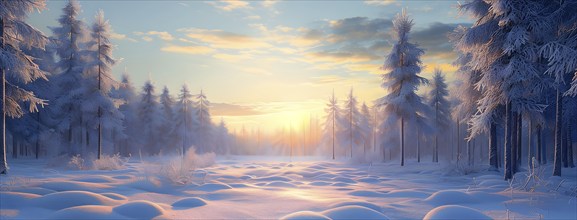 Peaceful snowy forest clearing at dawn with snow softly blanketing the ground and frost-covered