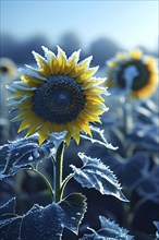 Detailed close-up of frost patterns on sunflowers on a meadow, AI generated