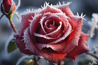 Detailed close-up of frost patterns on a red rose, AI generated