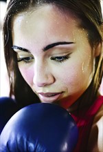 Portrait of sweating woman after workout, AI generated