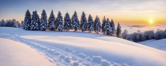 Footprints in fresh snow on a hill with a row of trees in winter in golden sunrise light, AI