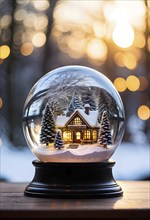 Winter Wonderland in Glass Ball Snow Globe on table and blurred bokeh background, AI generated