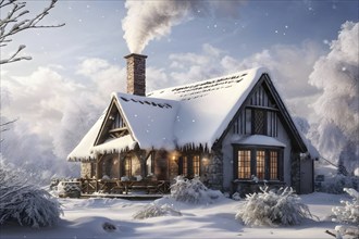 Snow-covered cottage with smoke from the chimney in a cozy and serene winter scene, AI generated