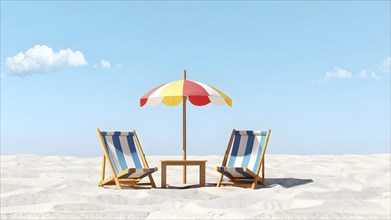 Three dimensional render of deck chair and beach umbrellas on deserted beach in summer, AI