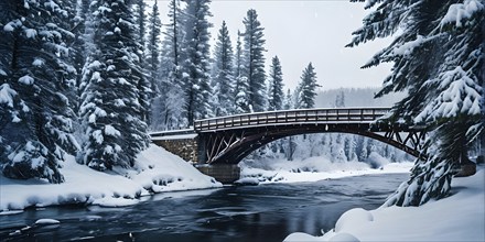 Serene scene of a snow-covered bridge arching over a frozen river, with softly falling snowflakes