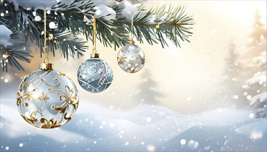 Abstract illustration of a set of ornate Christmas ornaments hanging on a snow-covered pine tree