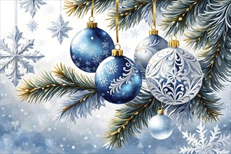 Abstract illustration of a set of ornate Christmas ornaments hanging on a snow-covered pine tree