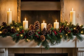 A cozy fireplace mantle decorated with pine cones, garlands, and lit candles, with a close-up focus