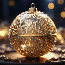 Close up of a frosted golden Christmas ornament, detailed with tiny ice crystals, delicate