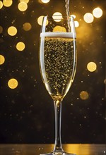 A close-up of a champagne glass with golden bubbles rising, AI generated