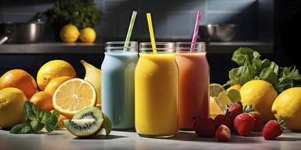 Smoothie surrounded by an assortment of fruits and vegetables, AI generated