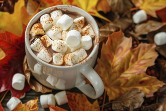 Mug with hot cocoa with marshmallows in colorful autumn leaves. Generative Ai, AI generated