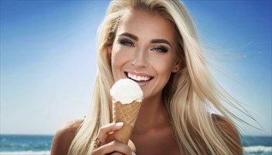 A blonde woman enjoys eating an ice cream cone, AI generated