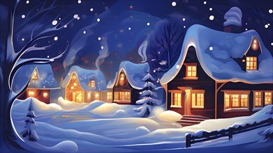 Cozy winter night scene with abstract forms representing a snow-covered village, AI generated