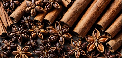 Abstract wallpaper illustration of Christmas spices like cinnamon sticks, star anise, and cloves,