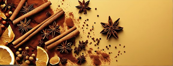 Abstract wallpaper illustration of Christmas spices like cinnamon sticks, star anise, and cloves,