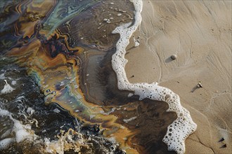 Oil pollution on ocean water at beach. Generative Ai, AI generated