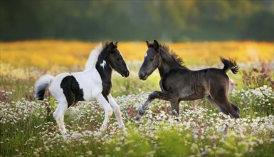 AI generated, Two young colourful foals playing on a flower meadow, Studio, AI generated