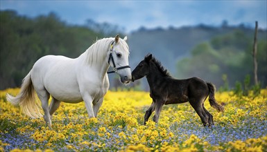 A white mare and a black foal, studio, AI generated