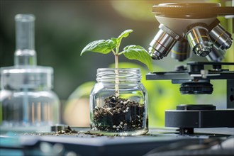 Plant seedling in research lab with microscope. Concept for biotechnology and genetic modification.