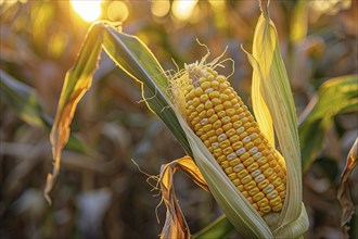 Corn maize stalk in open husk in sunny agricultural field. KI generiert, generiert, AI generated