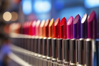 Row of colorful lipsticks in makeup store. KI generiert, generiert AI generated