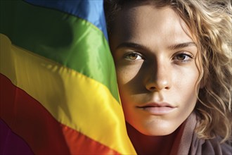 Face of young woman with rainbow colored LGTB flag. KI generiert, generiert AI generated