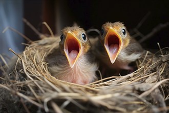 Young hungry birds with open mouths waiting to be fed in nest. KI generiert, generiert AI generated