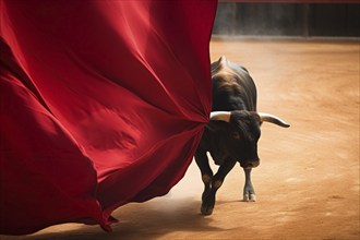 Bull with red cloth in bull fight arena. KI generiert, generiert, AI generated