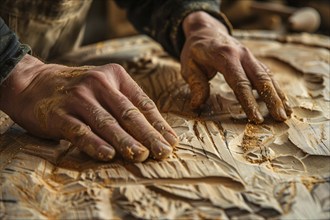 Man's hands on wood carving. KI generiert, generiert, AI generated