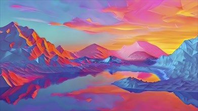 AI generated painting of a surreal landscape with mountains and a lake with digital brush strokes