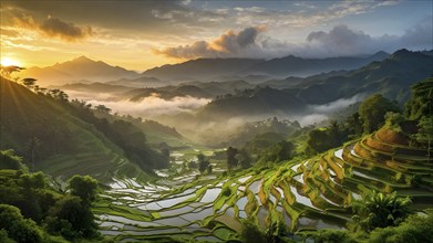 Early morning light bathes Philippines rice terraces cascading down mountain slopes, AI generated