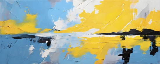 AI generated abstract art showcasing a dynamic splash of blue and yellow colors in panoramic format