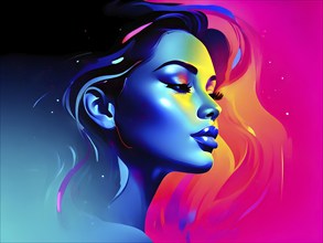 AI generated abstract digital painting of a womans face in vibrant neon colors