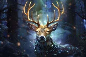 AI generated wildlife image of a deer in a mystic forest enhanced with digital art