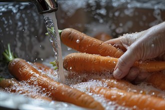 Washing raw carrots in sink. KI generiert, generiert, AI generated