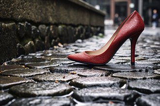 Red high heel shoe abandoned in street. KI generiert, generiert AI generated