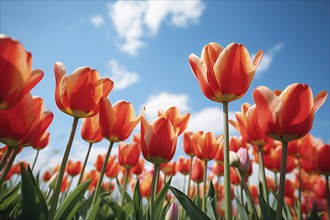 Red tulip flowers in front of blue sky. KI generiert, generiert AI generated