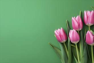 Pink tulip spring flowers on side of green background with copy space. KI generiert, generiert AI