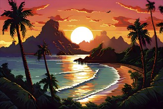 Pixel art illustration of a tropical island paradise with palm trees and sandy beach, AI generated