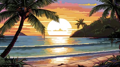 Pixel art illustration of a tropical island paradise with palm trees and sandy beach, AI generated