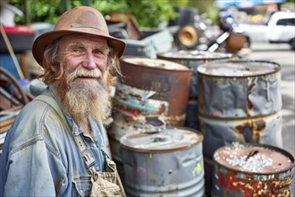 A red-haired man with a full beard, scrap dealer, in work clothes in a scrap yard, AI generated, AI