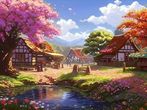 Pixel art illustration of a cozy village in spring with vibrant blooming tress and flowers, AI