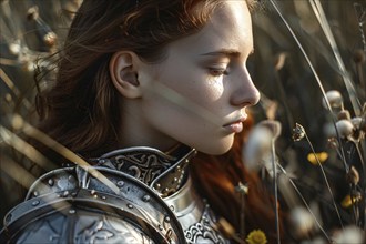 Young woman with closed eyes in knight armor. Generative Ai, AI generated