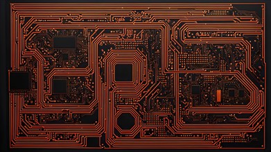 Birds eye view of a circuit board in vivid colored paths and connections, AI generated