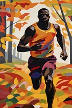 Wallpaper illustration of a jogger running through a park in vibrant autumn colors, AI generated