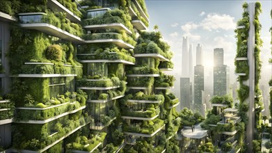 3d rendering of a futuristic green ecological city with skyscrapers draped in vertical gardens, AI